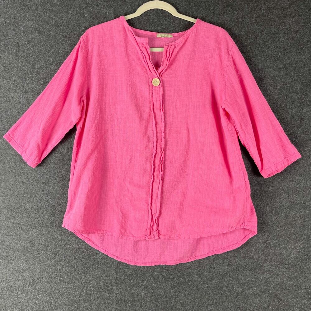Made In Italy Top Womens Small Pink 3/4 Sleeve Cotton Beachy Coastal Casual Boho